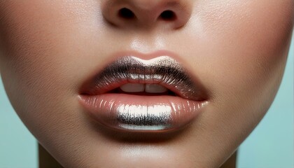 Naklejka premium a striking close-up showcases glossy, ombre-effect lips transitioning from dark charcoal to shimmering silver against smooth, radiant skin.