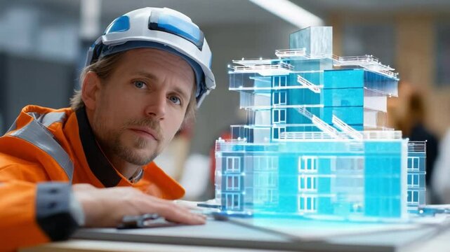 Architect's Vision: An architect studies the building model in a modern office environment, wearing the white hard hat and demonstrating the technical nature.
