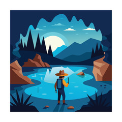 Fototapeta premium Adventurer observes a serene glacial lake at sunset in a cave.