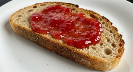 A slice of rustic, artisanal bread with strawberry jam spread generously on top, placed on a clean white plate.