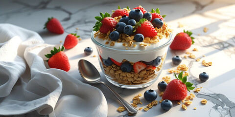 Glass bowl of layered yogurt, granola, strawberries, and blueberries with silver spoon