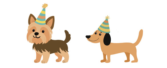 Fototapeta premium Cute cartoon Yorkshire Terrier and Dachshund dogs wearing colorful party hats, standing cheerfully. Perfect for birthday cards, pet party invites, and festive kids' graphics