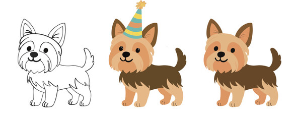 Set of three cartoon Yorkshire Terrier illustrations—outline, plain color, and party version with a hat. Ideal for pet designs, celebrations, and children’s graphics.