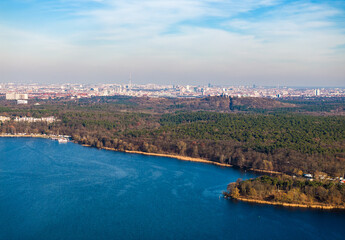 Fototapeta premium Berlin in Germany at a lake from the air