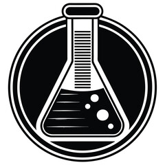Chemical laboratory glassware shows a flask and test tubes with red liquid and a chemical formula, representing scientific research