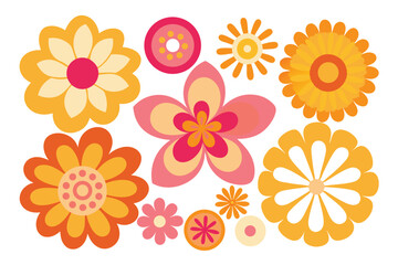 Collection of Retro Style Floral and Circle Shapes with White Background