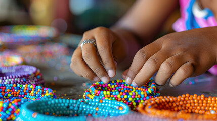 Multiracial Children Crafting Colorful Beaded Jewelry in a Cozy Indoor Setting for Creative Projects.