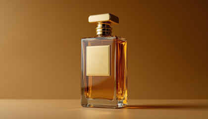 Elegant luxury perfume bottle design with golden cap, showcasing rich amber liquid against warm brown background, evoking sophistication