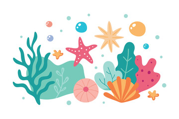 Fototapeta na wymiar Colorful Seaweed, Starfish, Seashells and Bubbles on White Background