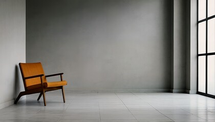 a minimalist interior features a vintage brown leather armchair positioned against a dark gray wall beside a large industrial-style window.