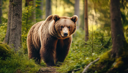 Brown bear in green forest. Animal photo in nature