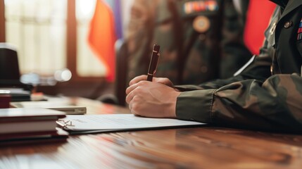 Obraz premium Military officer signing official contract on wooden desk, representing formal agreements and commitments in defense or government sectors. Professional and authoritative setting. 