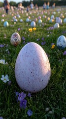 In a bright field teeming with wildflowers, young kids gleefully seek out decorated eggs under the sunny sky