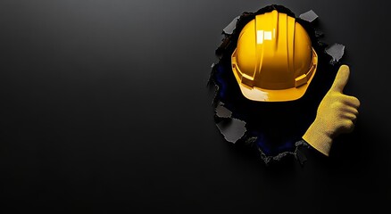 With a safety helmet and gloves on, a construction worker smiles and gives a thumbs up, peering through a gap in the wall against a black backdrop
