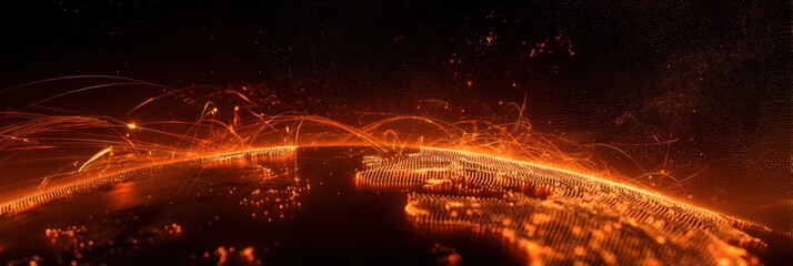 Obraz premium 3D rendering of a glowing digital map with light effects on an earth background, in an orange and black color theme