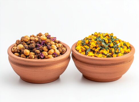 Roasted garlicky chickpeas in two bowls on a white background, front view. An Indian traditional snack for the Holi festival. Katori, thali, and lamen bowls with sun-dried yellow floral legumes. 