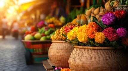 Fototapeta premium Vibrant flower market scene showcasing colorful blooms and fresh produce at sunset