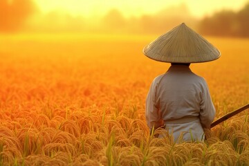 Fototapeta premium In the warm evening light, a diligent worker harvests golden wheat with a sickle, surrounded by orderly sheaves, creating a tranquil scene that emphasizes the beauty of rural labor and life