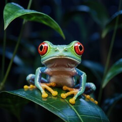 Fototapeta premium Red-Eyed Tree Frog on Leaf Digital Painting