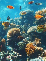 Fototapeta premium Vibrant underwater scene featuring colorful coral reefs and various species of tropical fish swimming in clear blue ocean