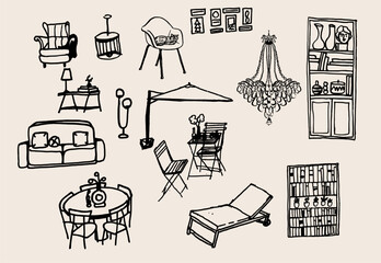 A detailed black and white illustration featuring stylish home decor elements, including modern furniture, elegant lighting, and artistic accessories for a cozy living space.