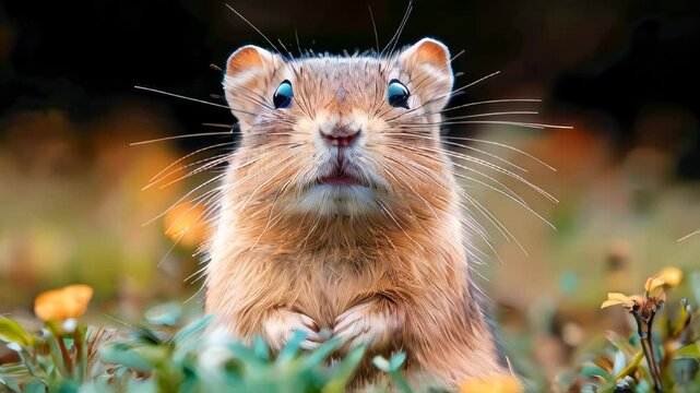 A curious gopher looks directly at the camera, surrounded by vibrant green grass and wildflowers, creating a charming wildlife moment