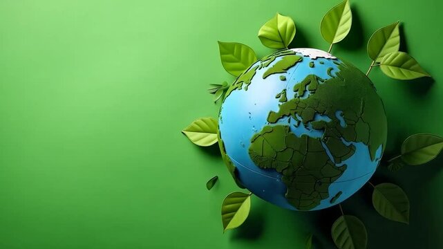 Planet earth globe surrounded by green leaves on a green background with copy space
