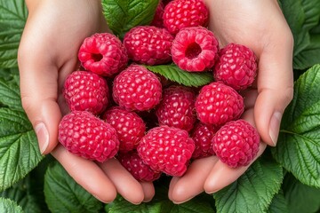 Amidst the sunlit garden, tender hands pick ripe raspberries, highlighting their succulent texture against the vibrant foliage. The beauty of nature is evident in every berry