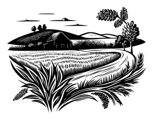 Black and White Woodcut Landscape with House and Hills