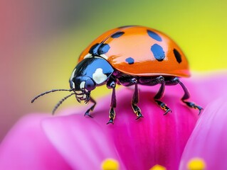 Naklejka premium Ladybug Macro on Bright Pink Flower 