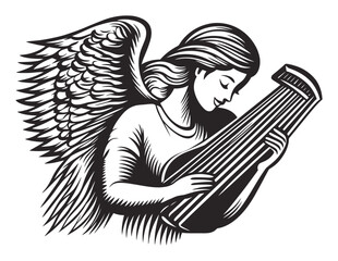 Angel Playing Lyre in Woodcut Style Black and White Artwork