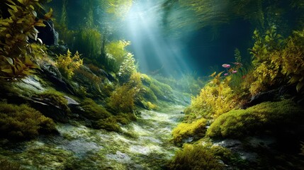 Beautiful, magical, fantasy underwater landscape with moss, ferns, and plants, sunlight rays