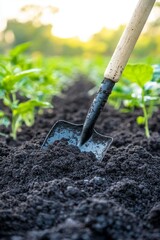 In a sunlit garden, the soil is freshly fertilized and ready for planting. A small shovel stands upright, poised to turn the earth. Lush greenery frames this tranquil setting