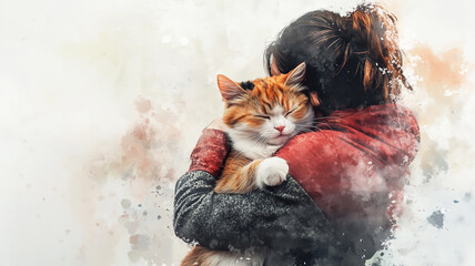 Watercolor Cat Hug Illustration for National Hug Your Cat Day