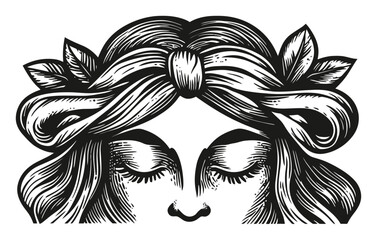 Obraz premium Detailed Woodcut Illustration of a Serene Female Face with Hair