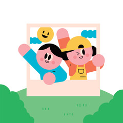 Two friends waving from a photo frame on a sunny day