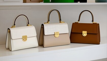Naklejka premium a row of three elegant top handle handbags in white, beige, and brown sit neatly aligned on a pale shelf.