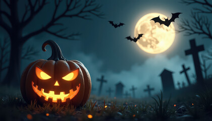 Halloween sale banner. Spooky Halloween promotion scene with pumpkin, bats, and graveyard at night