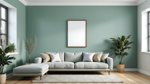 A calming atmosphere is created in this living room by utilizing a eucalyptus painted wall. A sleek, modern sofa offers seating and a focal point
