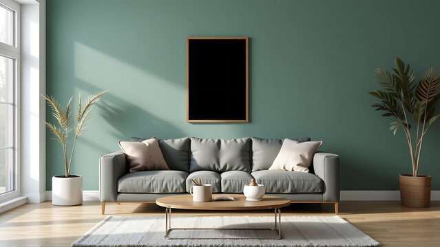 A calming atmosphere is created in this living room by utilizing a eucalyptus painted wall. A sleek, modern sofa offers seating and a focal point