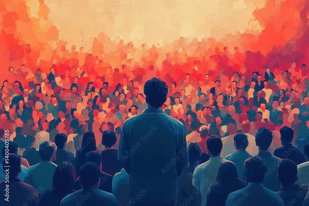 Poster speaker engages audience during a conference presentation in a large auditorium filled with attentiv