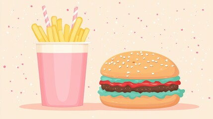 Delicious golden French fries are plated beside a large hamburger, all set on a rustic wooden table