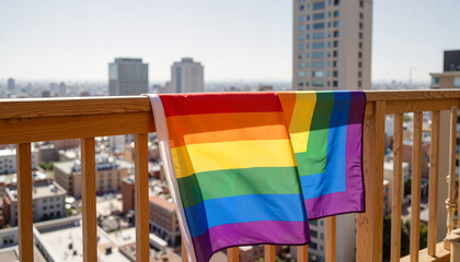 Rainbow Flag Draped on Wooden Balcony Railing Overseeing Cityscape for Pride Events, LGBTQ+ Awareness, Urban Design, and Social Media Content