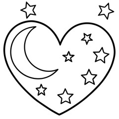 Heart-Shaped Line Art with Moon and Stars