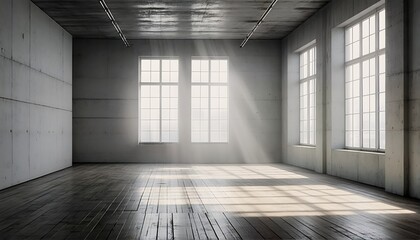 a spacious, industrial loft with large windows allowing sunlight to cast dramatic rays across a dark wooden floor and concrete walls.