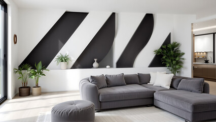 The focus is on clean lines and minimalist aesthetics in this living room. A plush grey sofa provides a comfortable seating area, while a compact pouf offers versatile functionality