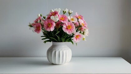 a delicate arrangement of pink and white blossoms fills a white ceramic vase on a smooth, light grey surface.