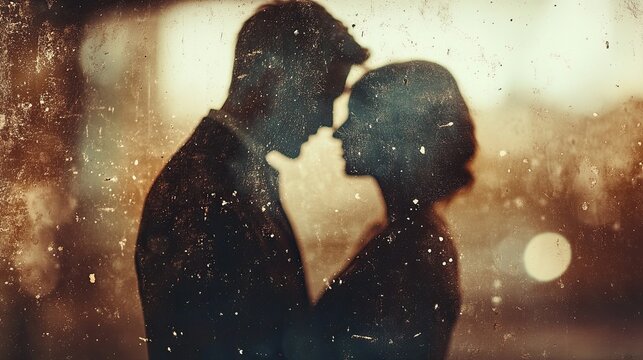 Ethereal silhouette of a couple, embodying romance in a bygone era aesthetic