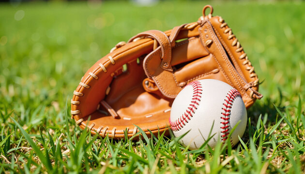 Baseball gloves on green grass showcasing shared sporting moments for family activities, youth sports promotions, and outdoor recreation content - Powered by Adobe