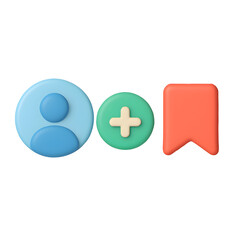 Obraz premium 3D user profile add and bookmark icon set on PNG transparency background for social media, account or web UI illustration. 
